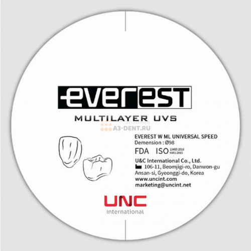 Диск циркониевый Everest Multilayer UVS, размер 98х18 мм, цвет C2, многослойный, для ускоренной синтеризации за 40 минут